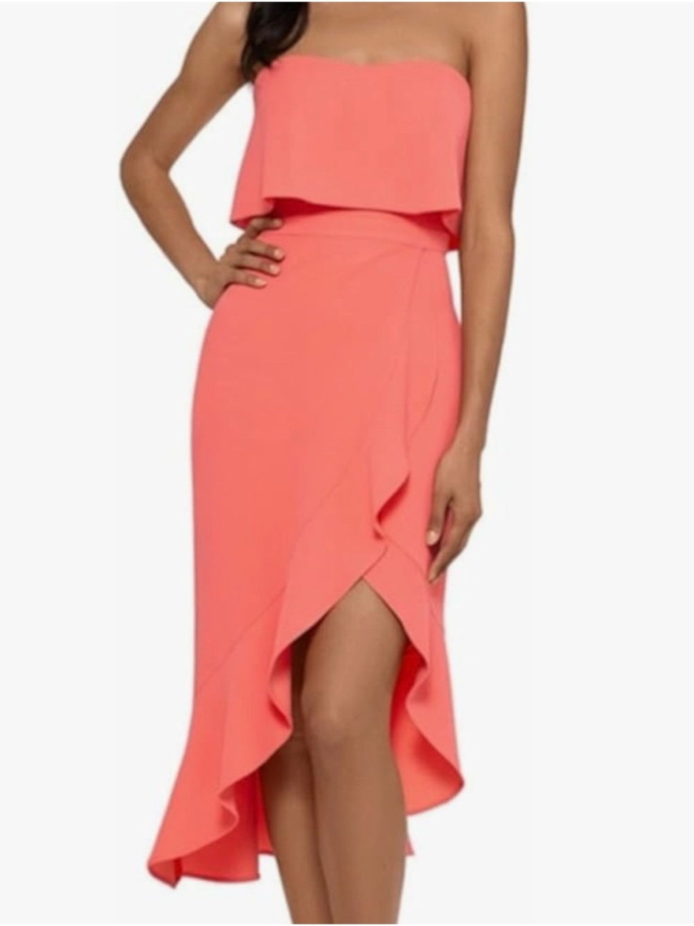 Xscape Coral Strapless Ruffle Midi Dress